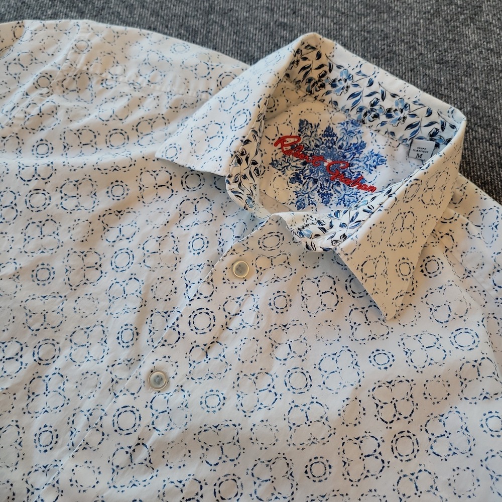 Robert Graham Shirt Men's Medium Blue White Geometric Floral Flip Cuff Button Up